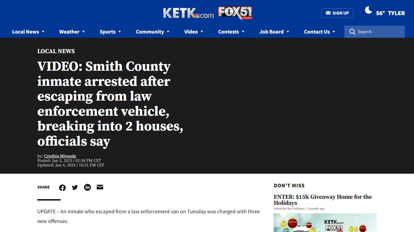Smith County inmate arrested after escaping from law enforcement ... - KETK